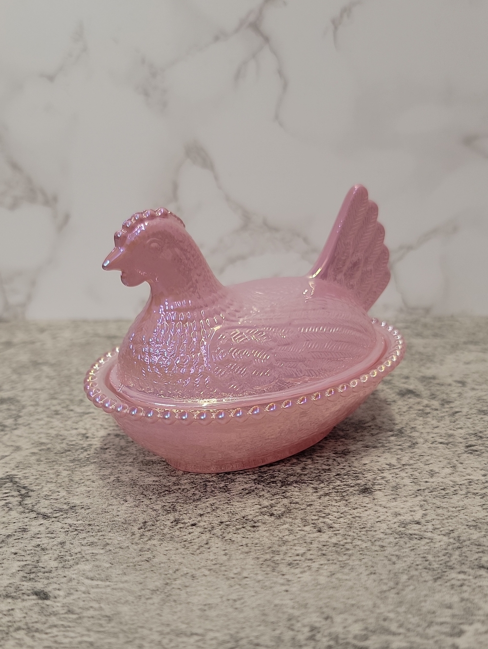 Pink Carnival Glass Hen on a nest